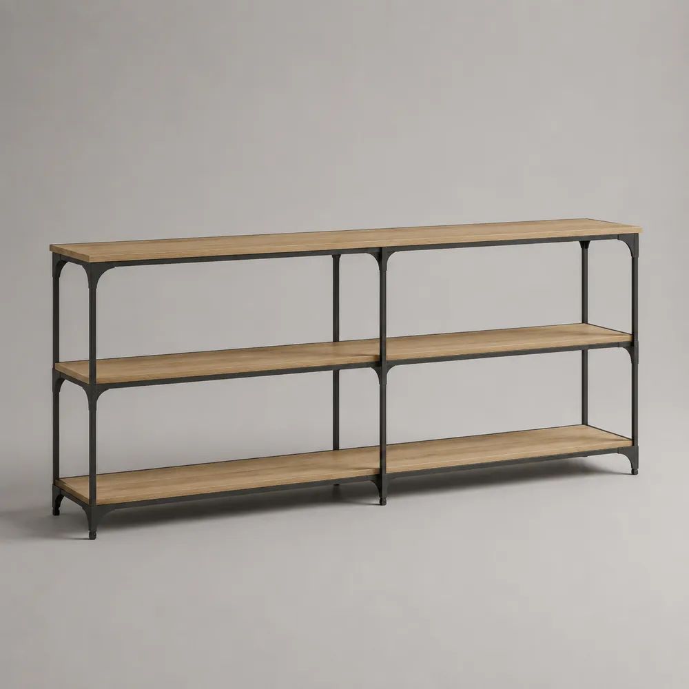 Flurregal und Konsolentisch mit 3 Ablagen aus MDF und Stahl, Eichefarben/Schwarz, 180 x 35 x 90 cm