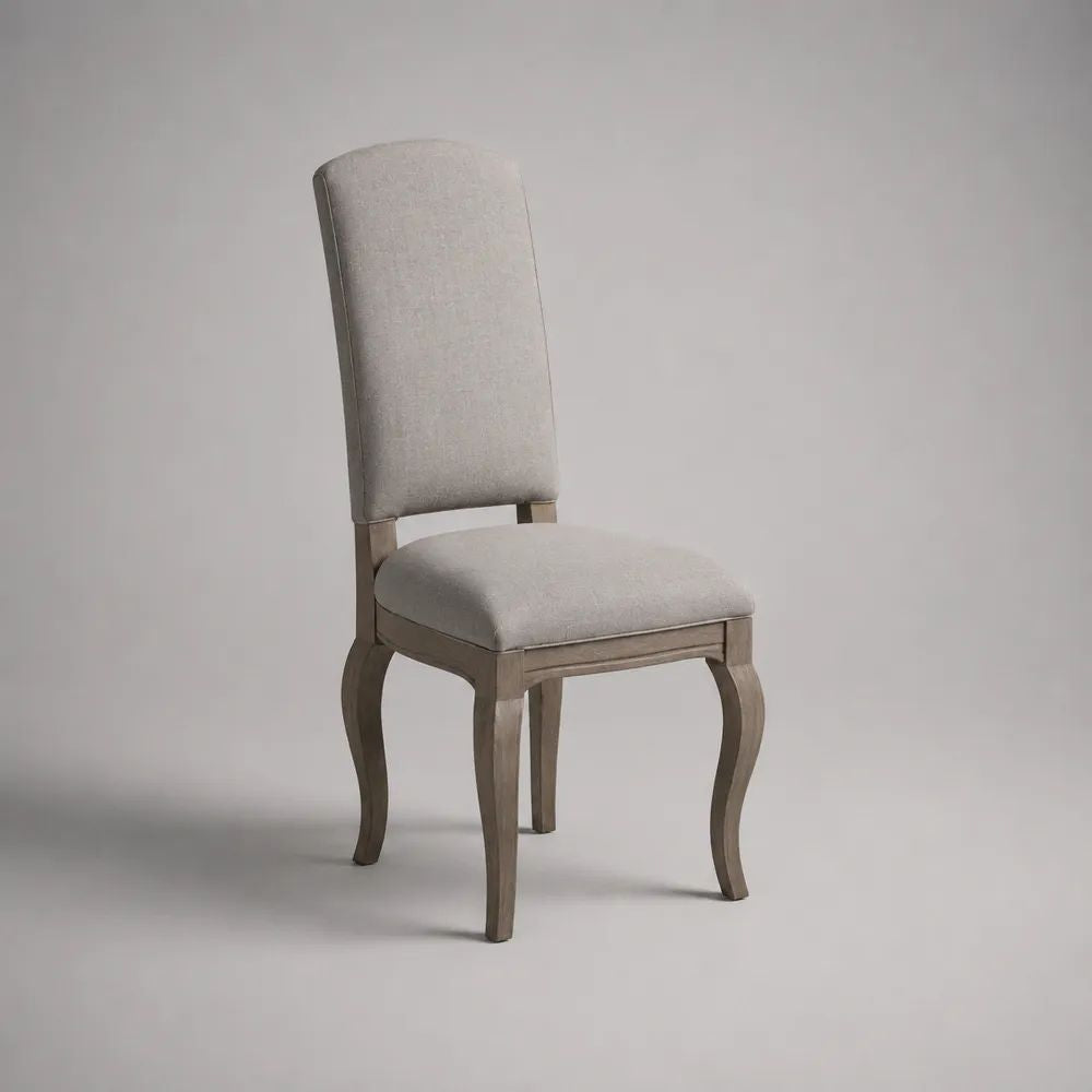 Gepolsterter Esszimmerstuhl mit hoher Rückenlehne, Stoffbezug und Holzgestell, Beige/Graubraun, 48 × 58 × 101 cm