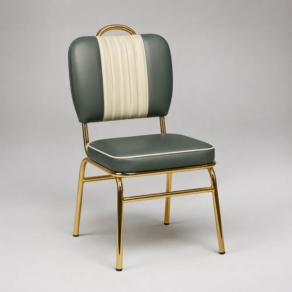 Gepolsterter Esszimmerstuhl aus Kunstleder und Stahl, Dunkelgrün/Creme/Goldfarben, 48 × 55 × 86 cm
