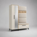Garderobenkombination aus Spanplatte mit Hochschrank, Schuhfach, Sitzbank, Spiegel und 5 Haken, Creme/Beige/Naturbraun/Schwarz, 120 × 40 × 190 cm