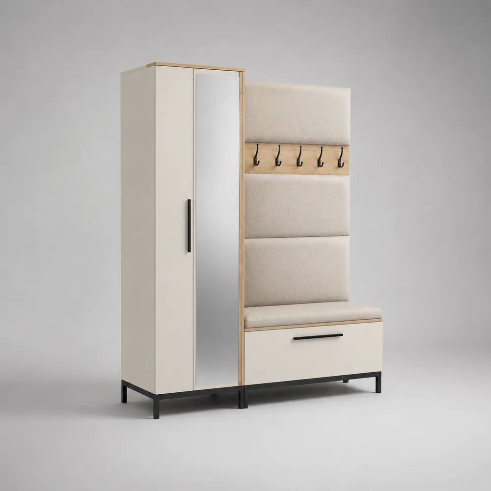 Garderobenkombination aus Spanplatte mit Hochschrank, Schuhfach, Sitzbank, Spiegel und 5 Haken, Creme/Beige/Naturbraun/Schwarz, 120 × 40 × 190 cm