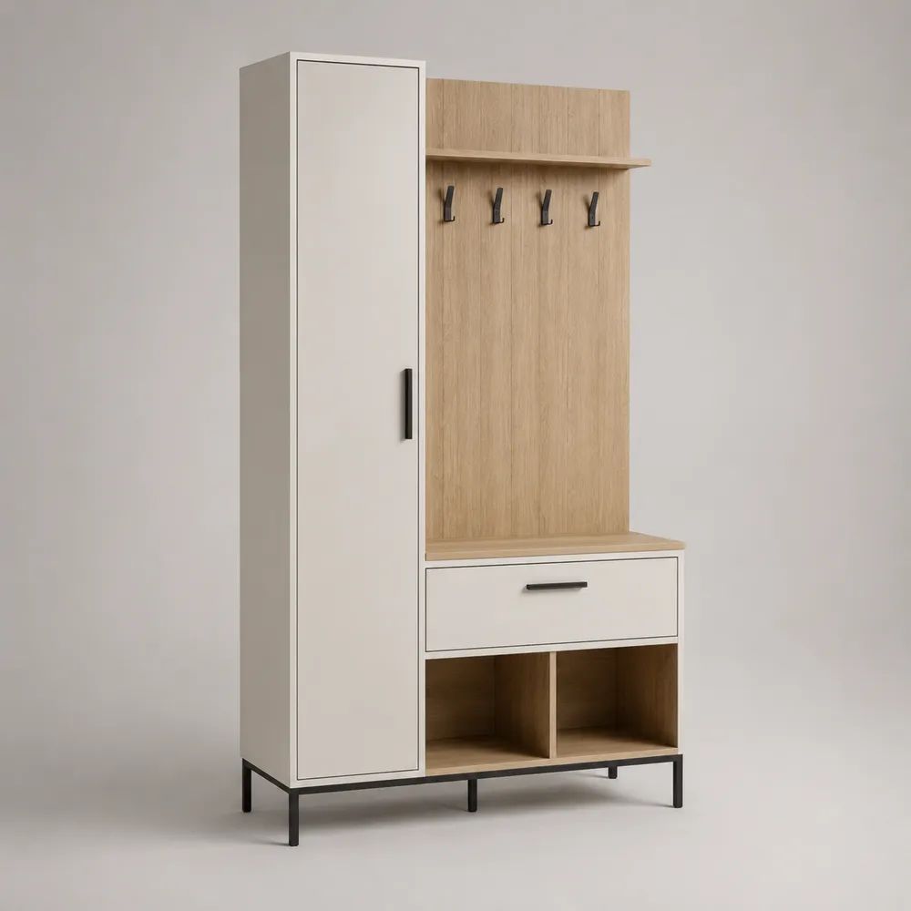 Schuhschrank mit Garderobe, Drehtür, Schublade und 4 Kleiderhaken, Weiß/Eiche natur/Schwarz, 100 × 35 × 180 cm