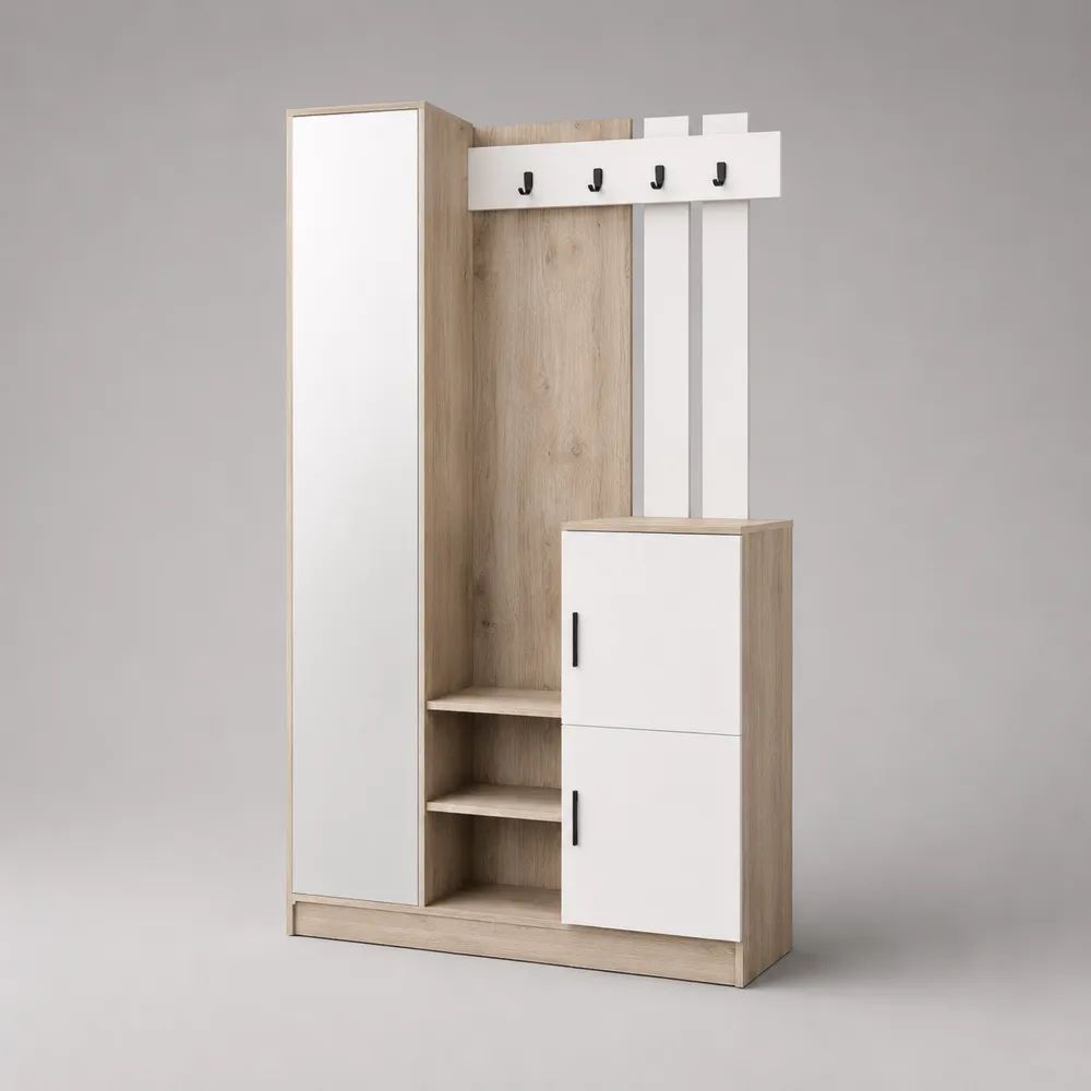 Garderobenset aus melaminbeschichteter Spanplatte mit Hochschrank, Schuhschrank, Ablagen und 4 Haken, Weiß/Eichefarben, 120 × 35 × 190 cm