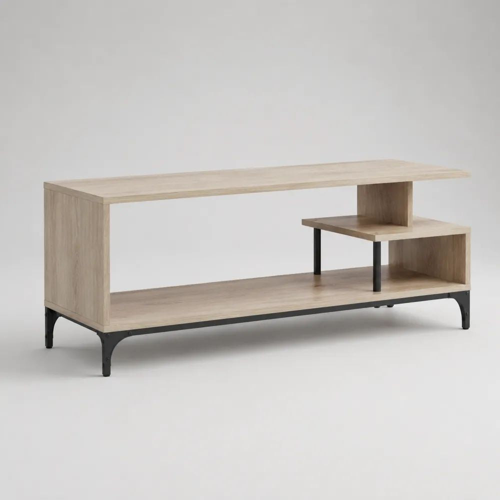 TV-Lowboard mit offenen Ablagen aus Spanplatte und schwarzem Stahlrahmen, Eiche hell/Schwarz, 120 × 40 × 55 cm