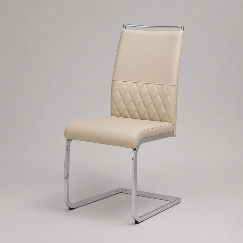 Esszimmerstuhl Freischwinger aus PU-Kunstleder und verchromtem Stahl, Beige/Silber, 43 × 55 × 99 cm