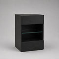 Rechteckiger Regalschrank aus MDF mit Eichenfurnier, 2 Schubladen und Glasboden, Schwarz, 45 × 40 × 70 cm