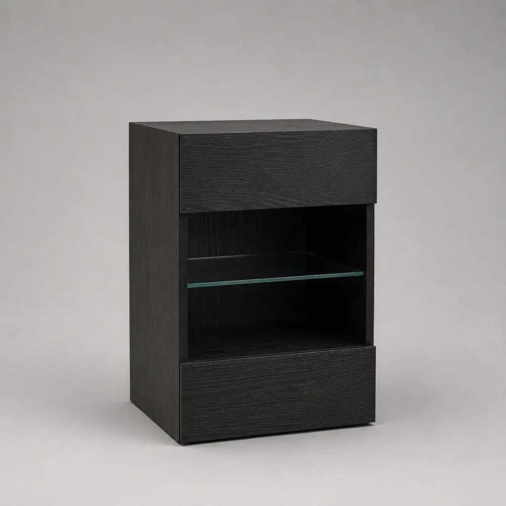 Rechteckiger Regalschrank aus MDF mit Eichenfurnier, 2 Schubladen und Glasboden, Schwarz, 45 × 40 × 70 cm