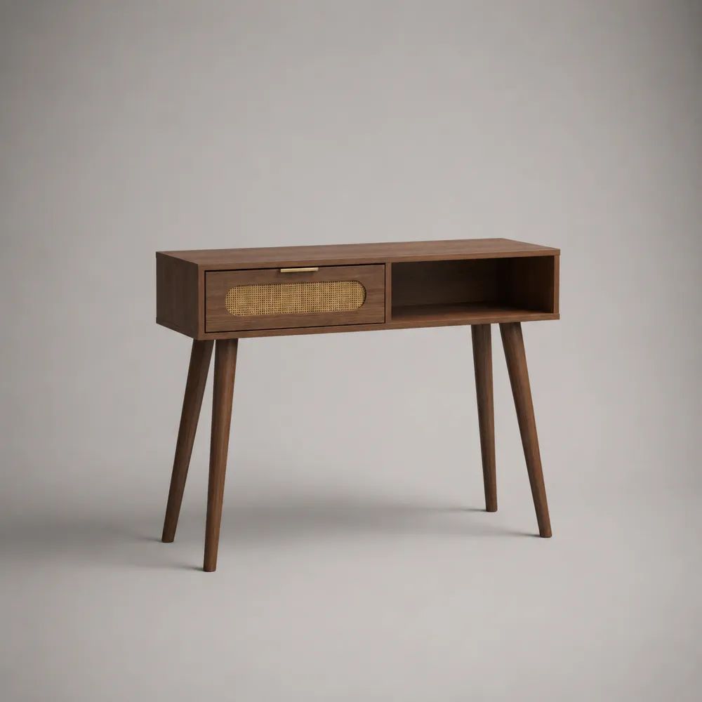 Konsolentisch aus MDF mit Walnussfurnier und Rattangeflecht, Braun/Naturfarben, 100 × 35 × 80 cm, mit Schublade und offenem Fach