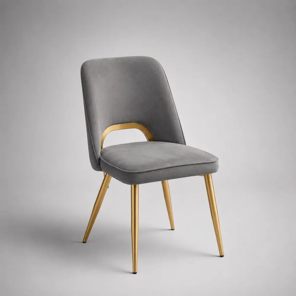 Esszimmerstuhl aus Stoff und Metall, Grau/Gold, 50 × 56 × 84 cm
