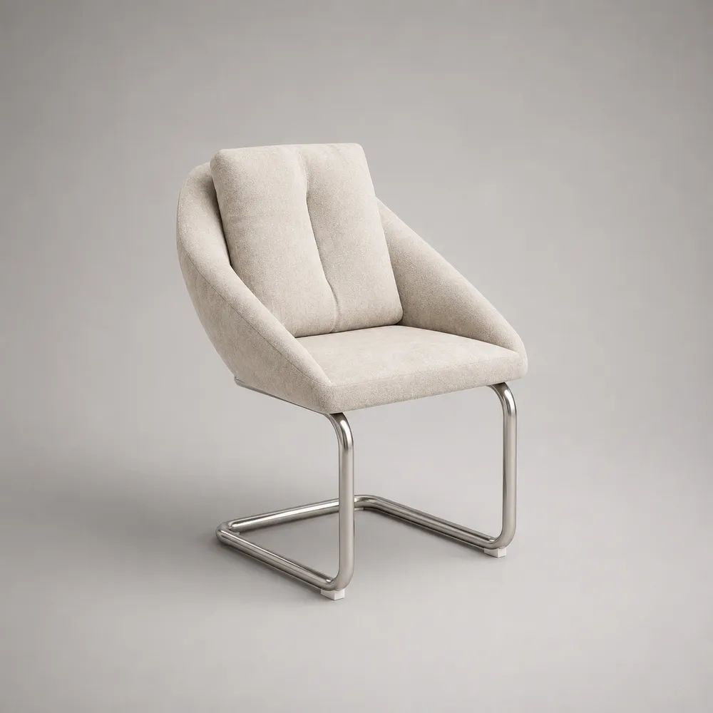 Esszimmerstuhl Freischwinger mit Armlehnen, Polyester-Bouclé und Edelstahlgestell, Creme/Silber, 60 × 62 × 83 cm
